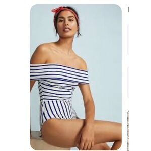 SOLID & STRIPED Off‑Shoulder Navy and White Striped One‑Piece
